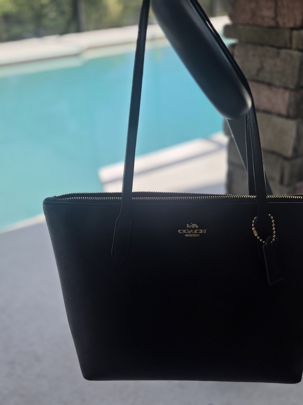 Coach Black Leather Zip-Top Tote with Gold Logo